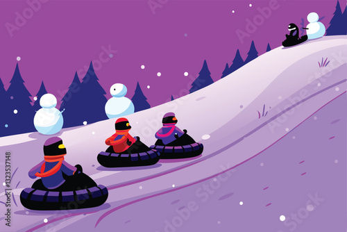 A breathtaking panoramic view of a snow-capped mountain range within a vibrant metaverse environment, featuring diverse avatars engaging in winter activities.