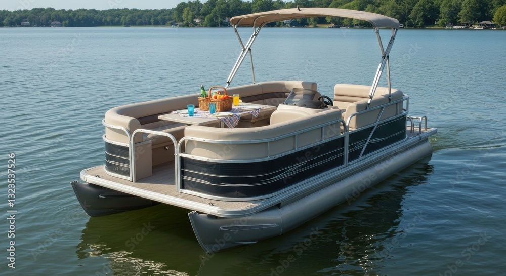 Naklejka premium Relaxing on a pontoon boat with drinks and snacks on a serene lake during summer - small boat