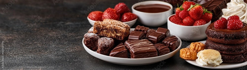 Delicious assortment of chocolates, strawberries, and desserts on a dark table. Delicious assortment of chocolates, strawberries, and desserts on a dark table.