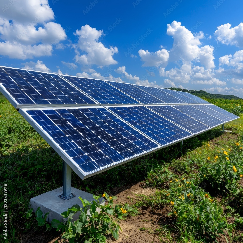 Clean Energy Solar Panel Array in a Field under a Bright Blue Sky Clean Energy Solar Panel Array in a Field under a Bright Blue Sky