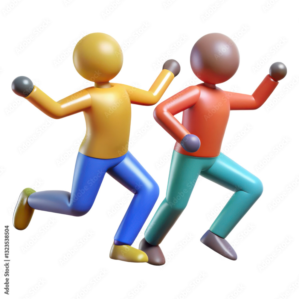 Two stylized figures in dynamic poses, seemingly running, with vibrant colors and playful designs, illustration of 3d rendering. Two stylized figures in dynamic poses, seemingly running, with vibrant colors and playful designs, illustration of 3d rendering.