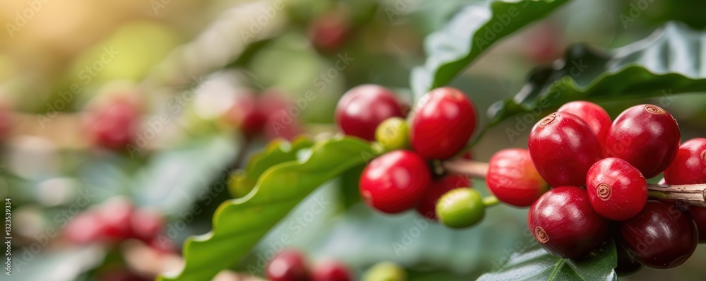 Fototapeta premium Coffee cherries on green leaves in a natural setting.