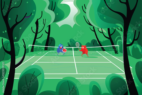 Vibrant cartoon tennis court nestled amidst playfully animated, swaying trees; bright sunny day.