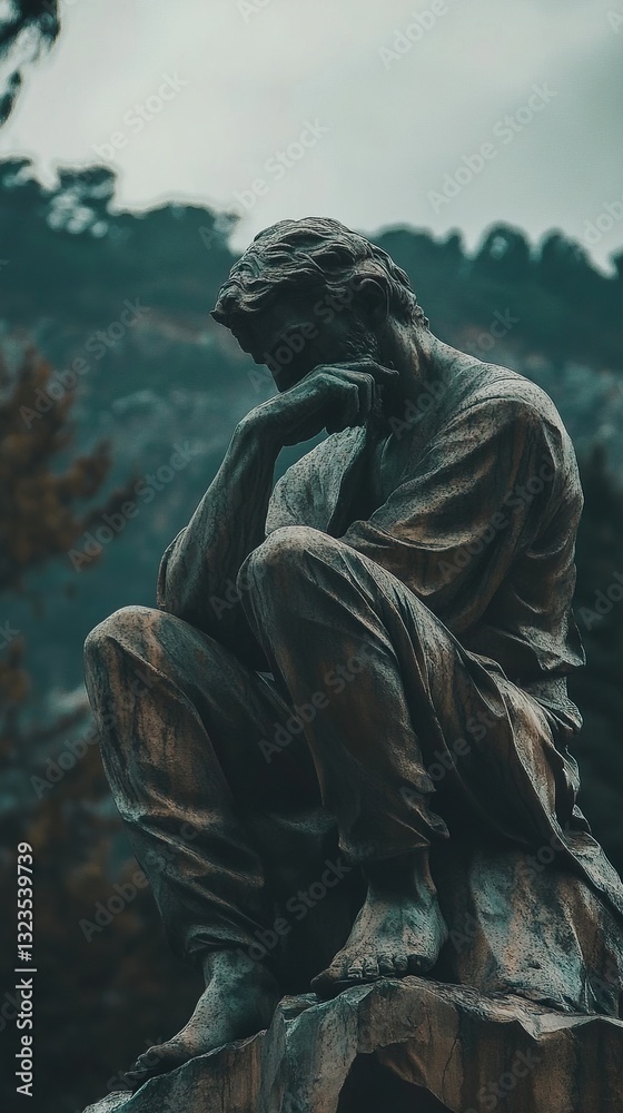Fototapeta premium Pensive Bronze Statue: Contemplation in Nature
