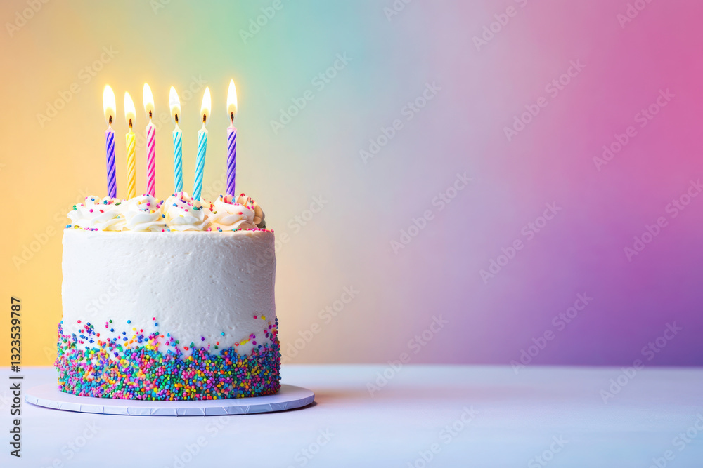 Birthday Cake with Candles on Rainbow Background Birthday Cake with Candles on Rainbow Background