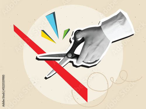 A hand cuts a red ribbon with scissors. Modern photo collage style. Vector illustration