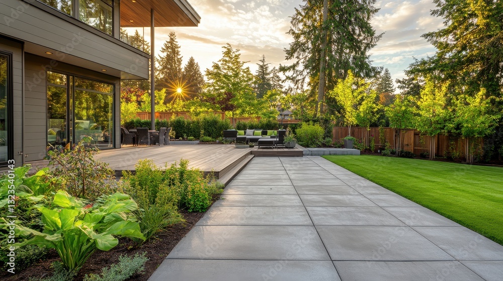 Modern home with backyard deck and patio at sunset Modern home with backyard deck and patio at sunset