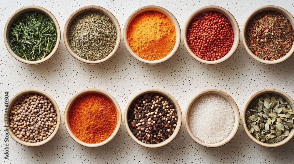 The medicinal spices lined up on small plates. top view. The medicinal spices lined up on small plates. top view.