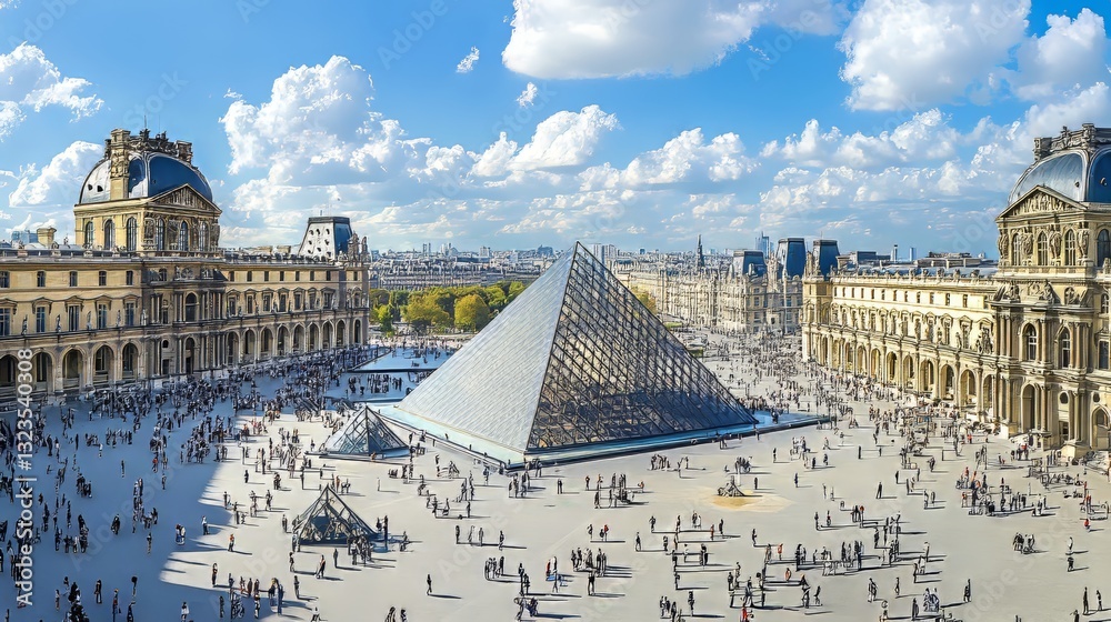 The Louvre Museum and Glass Pyramid in Paris, France A Historic Landmark on a Sunny Day