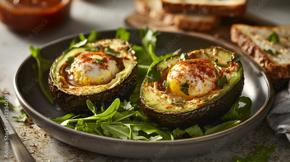 Baked Eggs in Halved Avocado on a Plate with Greens and Toast in a Bright Kitchen Setting Baked Eggs in Halved Avocado on a Plate with Greens and Toast in a Bright Kitchen Setting