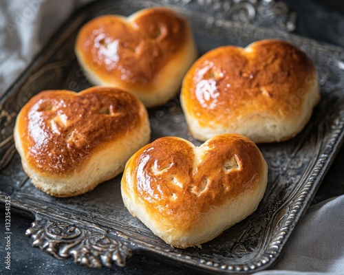 Appetizing heart-shaped buns, pastries on a tray