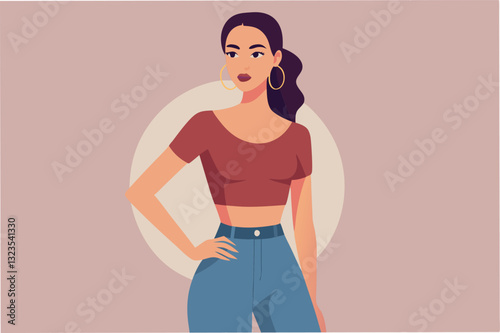 Stylish woman in casual outfit with hoop earrings and long hair stands confidently against a simple background