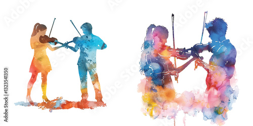 abstract color silhouette of couple violinists watercolor vector illustration