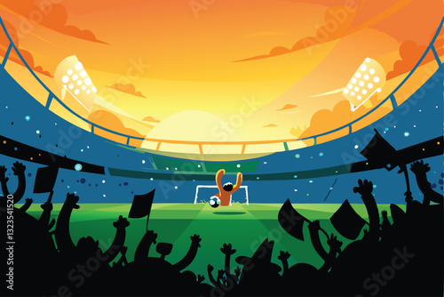 A vibrant cartoon football stadium bathed in the warm glow of a sunset, detailed illustration.  Filename fil(1).