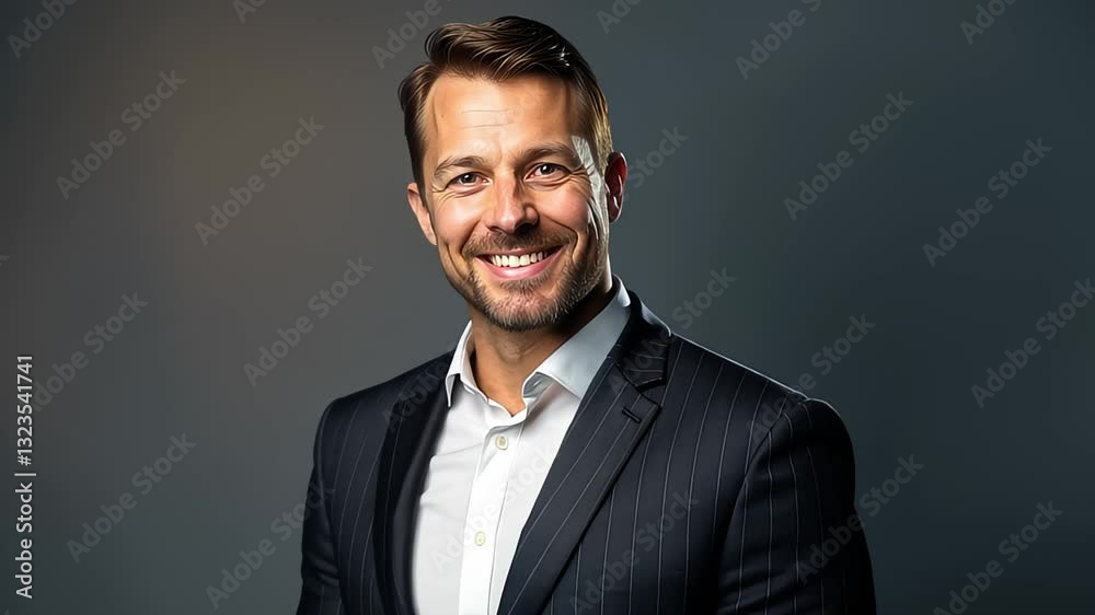A confident businessman smiles warmly while wearing a formal suit, conveying professionalism and approachability. the dark background emphasizes his charisma and success, creating an inspiring mood. A confident businessman smiles warmly while wearing a formal suit, conveying professionalism and approachability. the dark background emphasizes his charisma and success, creating an inspiring mood.
