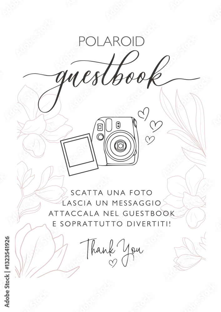 Polaroid guestbook. Immagine con polaroid da utilizzare al proprio matrimonio o festa di compleanno per invitare gli ospiti lasciare una foto ricordo nel libro degli ospiti. 