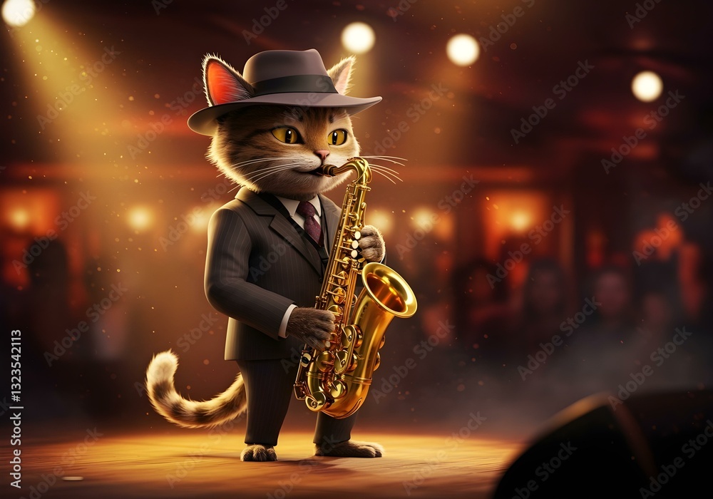 Charming jazz cat playing saxophone on a moody stage in vintage noir style