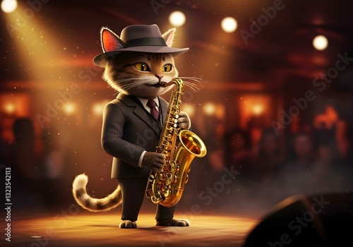Obraz na płótnie Charming jazz cat playing saxophone on a moody stage in vintage noir style w salonie