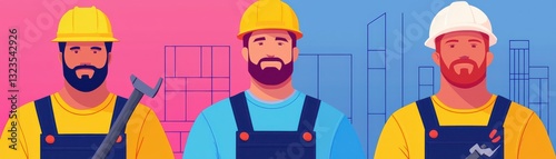 Three skilled construction workers in colorful uniforms and helmets on site.