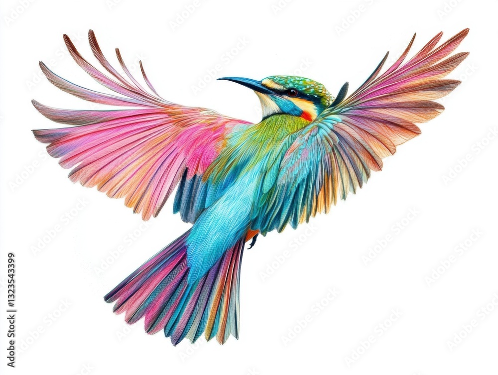 Fototapeta premium Rainbow Colored Bird in Flight, Detailed Feathers, White Background