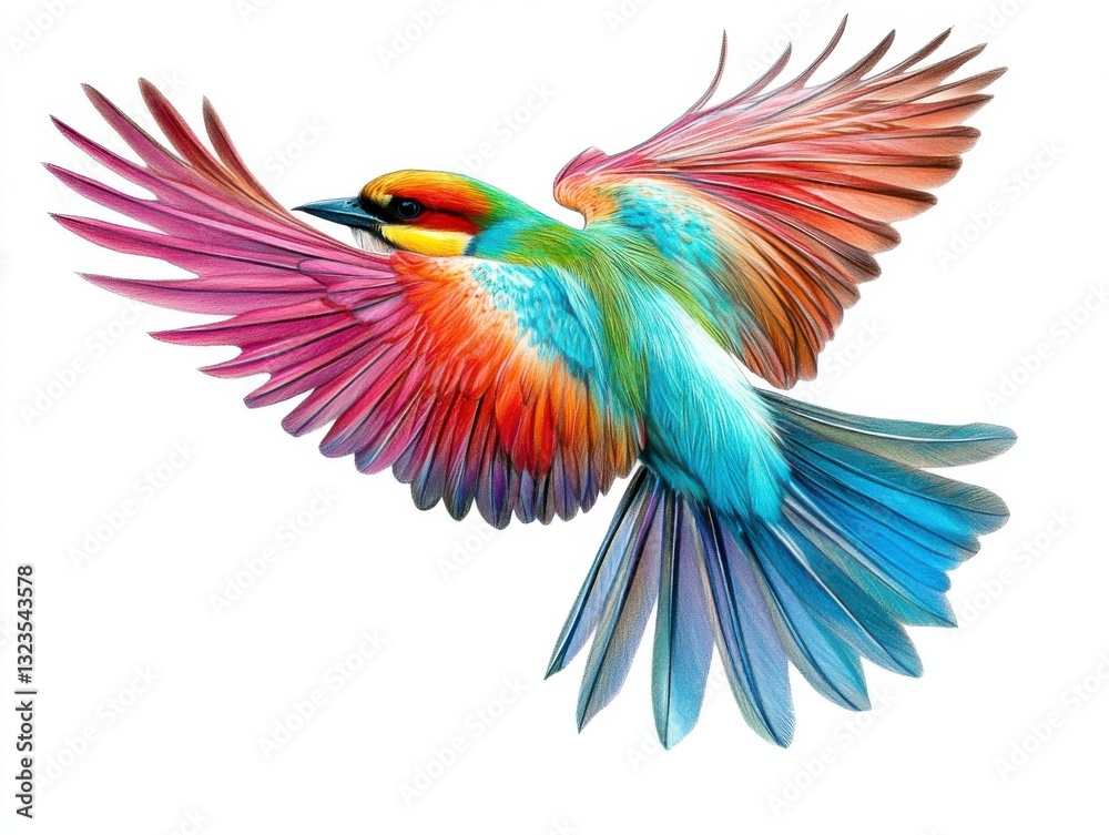 Fototapeta premium Rainbow Colored Bird in Flight Against White Background