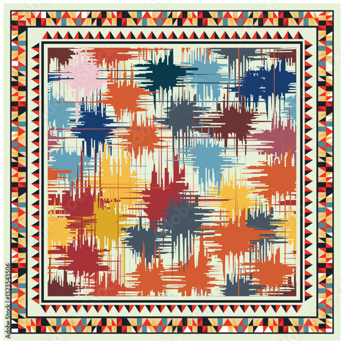 A vibrant abstract textile design featuring multicolored brush strokes, framed by intricate geometric patterns, It could be used as a wallpaper, fabric design, pillow cover, 