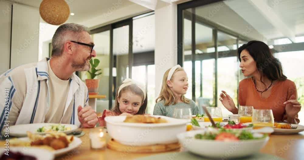 Happy, family and eating food for child at dinner table, healthy lunch and nutrition meal in lounge. Smile, parents and kids with diet vegetables for brunch, bonding together and discussion at house