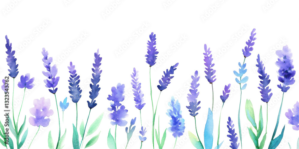 Naklejka premium Lavender Field in Watercolor: A delicate watercolor depiction of a lavender field in full bloom, capturing the vibrant purple hues and serene atmosphere of the provence.