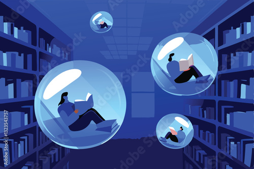 A futuristic virtual library showcasing levitating books and diverse user avatars interacting within a digital, immersive space.