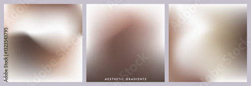 Light brown, beige and grey gradient background. Abstract pastel color texture. Blurry wave gradation pattern. Aesthetic bg. Set of 3 square vector gradient background for poster, cover, social post
