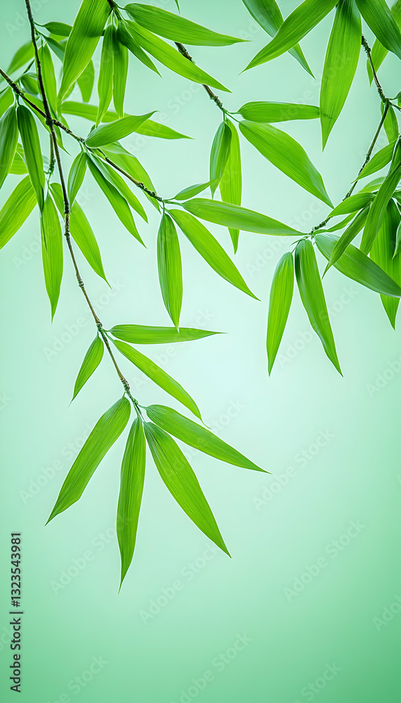 Naklejka premium Close-up of vibrant green bamboo leaves against a soft mint-green background