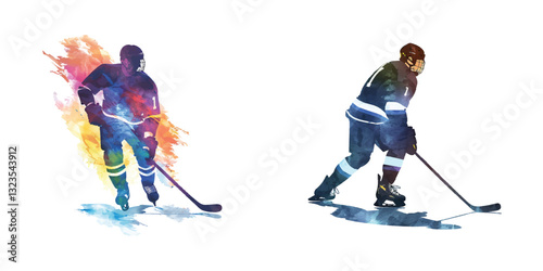 abstract color silhouette of hockey player watercolor vector illustration