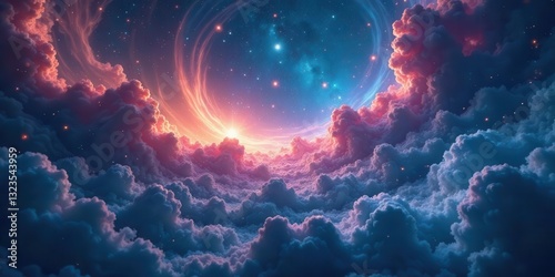 Celestial Dreamscape An ethereal panorama of vibrant clouds and a cosmic swirl of stars, bathed in the warm glow of a distant sun, evokes a sense of wonder and boundless possibility.