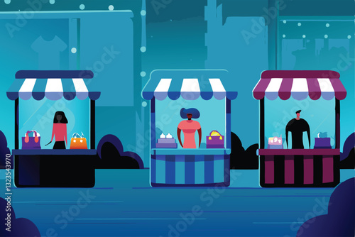 A vibrant, futuristic virtual marketplace bustling with diverse avatars shopping for digital goods; showcasing immersive 3D environments and interactive elements.