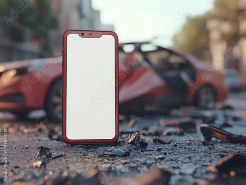 Mockup Smartphone blank screen in front of car accident on the road