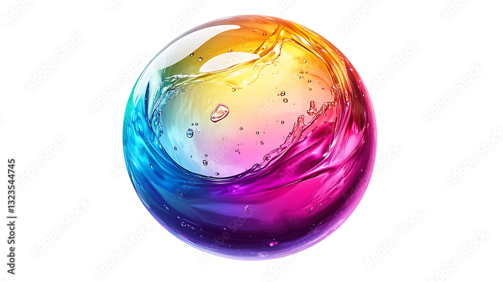 A vibrant, colorful sphere filled with swirling, translucent liquid, resembling a rainbow orb. A vibrant, colorful sphere filled with swirling, translucent liquid, resembling a rainbow orb.