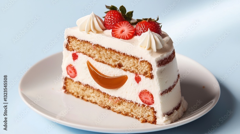 Delicious Slice of Cake Topped with Fresh Strawberry on White Plate Delicious Slice of Cake Topped with Fresh Strawberry on White Plate