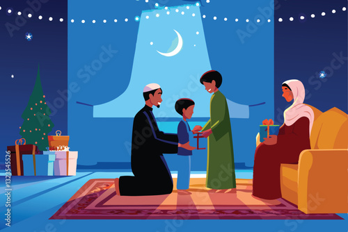 A heartwarming vector illustration of a multigenerational family warmly embracing during a visit to a beloved relative's home, conveying joy and connection.