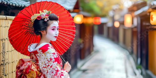Elegant geisha in traditional kimono with red parasol standing in a picturesque Japanese alley adorned with lanterns - tradition and japanese culture concept