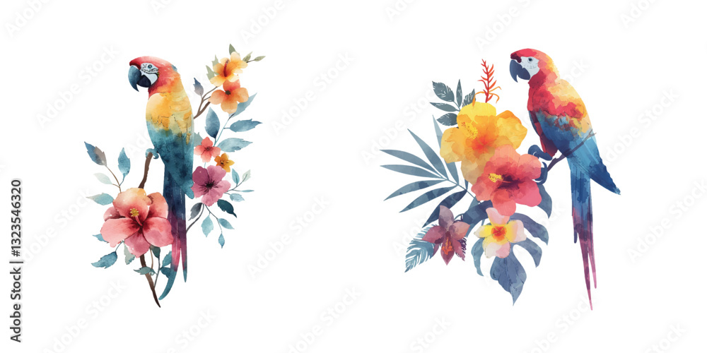 Obraz premium abstract color silhouette of parrot and tropical flowers watercolor vector illustration