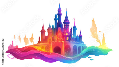 A vibrant, rainbow-hued illustration of a majestic castle, set against a dreamy, colorful wave backdrop.
