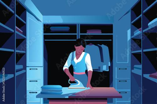 A meticulously organized space featuring a woman efficiently ironing clothes; bright, clean aesthetic.