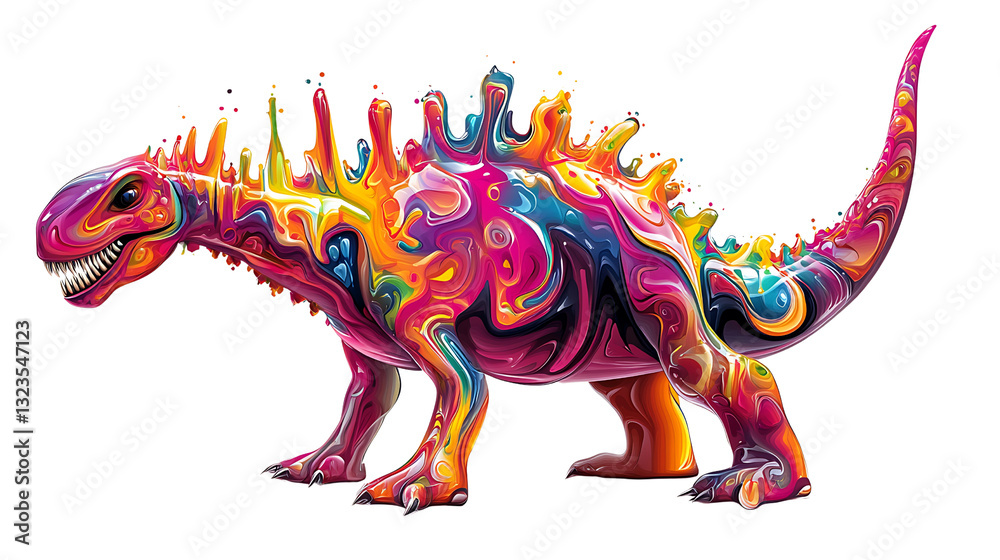 Fototapeta premium A vibrant, colorful dinosaur rendered in a fluid, paint-like style, showcasing dynamic splashes and swirls.