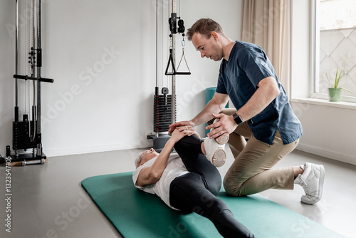 Senior woman doing leg physiotherapy exercise with therapist assistance
