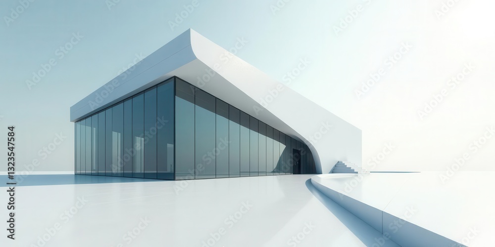 Modern Architectural Design Sleek White Structure with Expansive Glass Facade and Curving Walls Modern Architectural Design Sleek White Structure with Expansive Glass Facade and Curving Walls