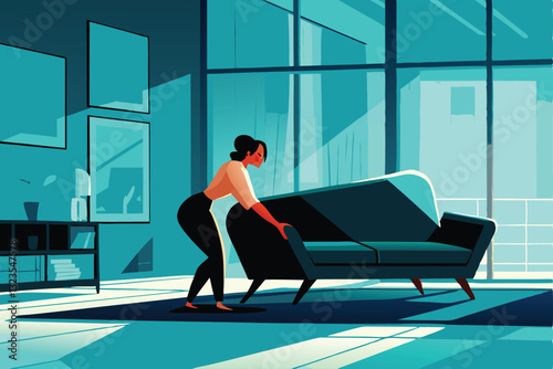 A stylish woman effortlessly rearranging modern furniture in a bright, minimalist living room.  She's smiling, showcasing ease and home decor expertise.