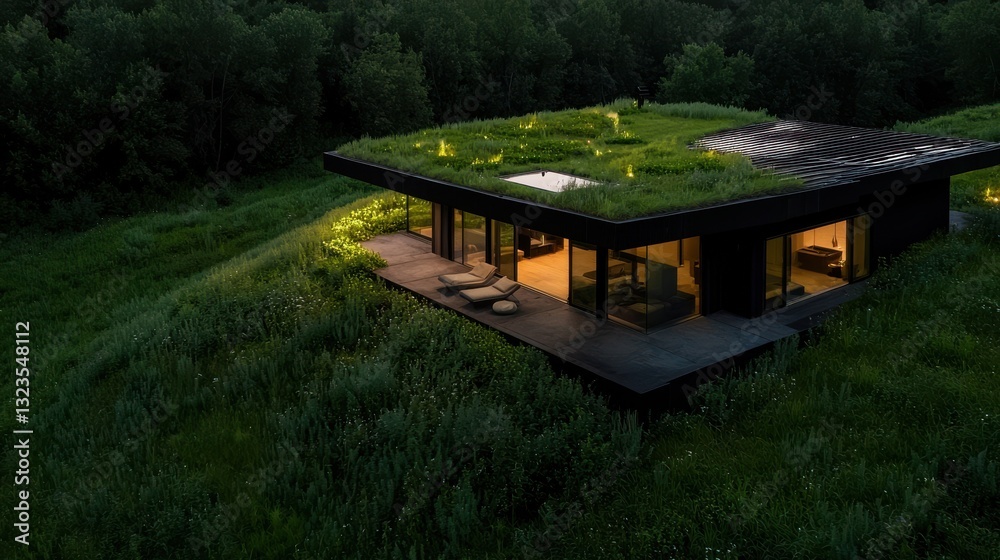 Charming House with Green Roof Surrounded by Lush Open Field Landscape Charming House with Green Roof Surrounded by Lush Open Field Landscape