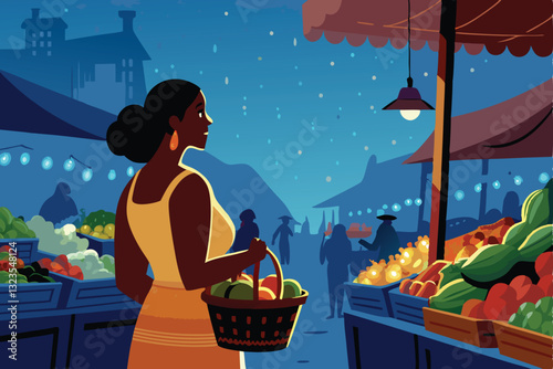 A vibrant outdoor market scene; a woman carefully selects fresh produce, surrounded by colorful fruits, vegetables, and bustling activity.