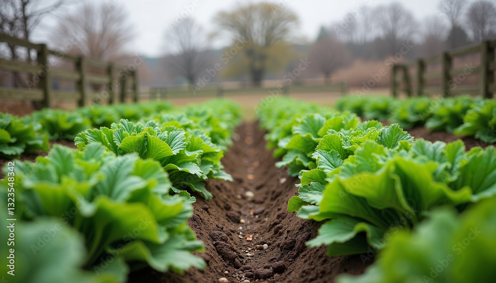 Lush green lettuce rows in a serene vegetable garden Lush green lettuce rows in a serene vegetable garden