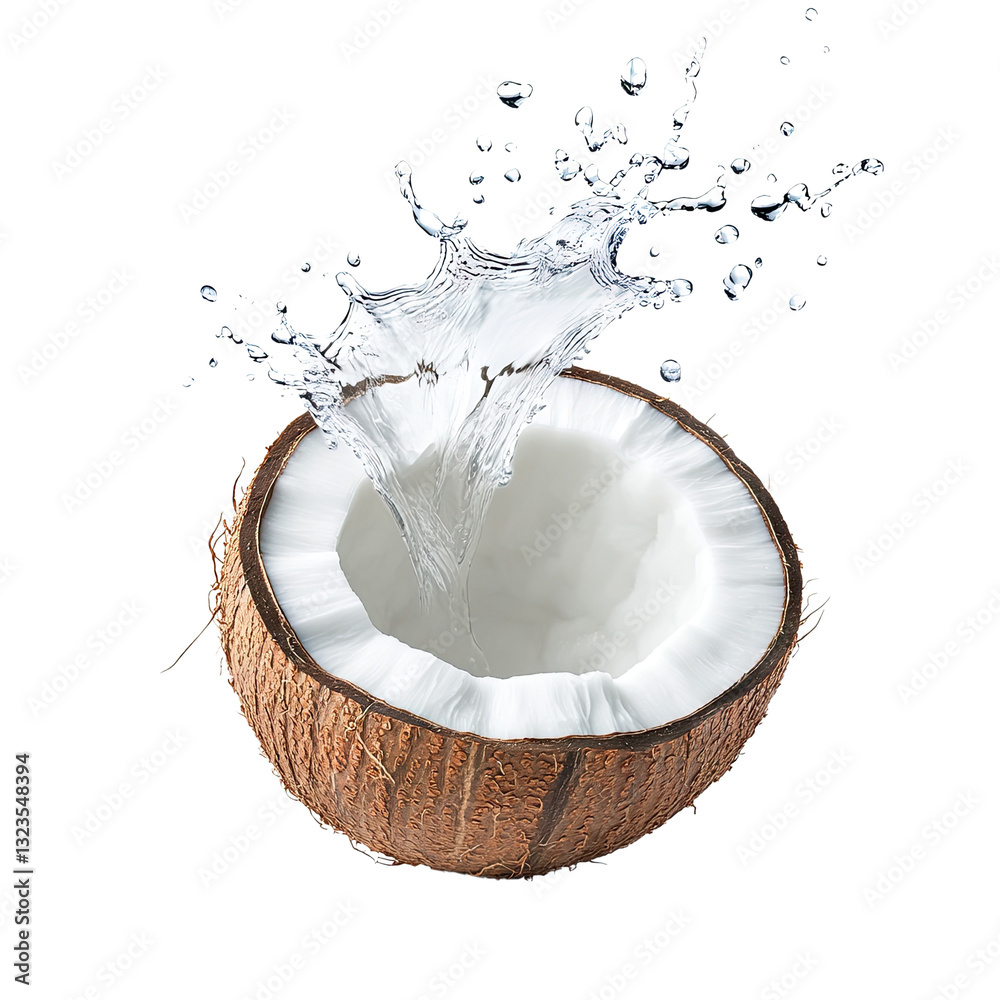 summer mood A fresh coconut split open, with water splashing out, symbolizing tropical refreshment and natural hydration, perfect for healthy living concepts. Isolate on white element transparent summer mood A fresh coconut split open, with water splashing out, symbolizing tropical refreshment and natural hydration, perfect for healthy living concepts. Isolate on white element transparent
